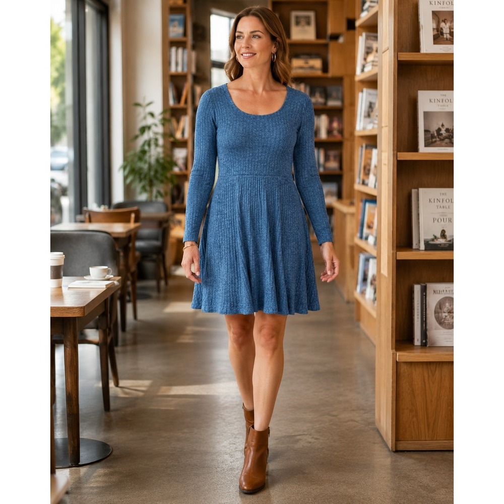 Sampeel Womens Dress L Blue Long Sleeve Tiered Knit Square Neck Bohemian Mini